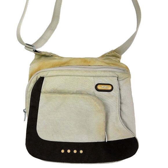 Tumi T Tech Flow Flap Crossbody Bag Nylon Beige Travel Handbag Messenger Purse - Picture 2 of 16